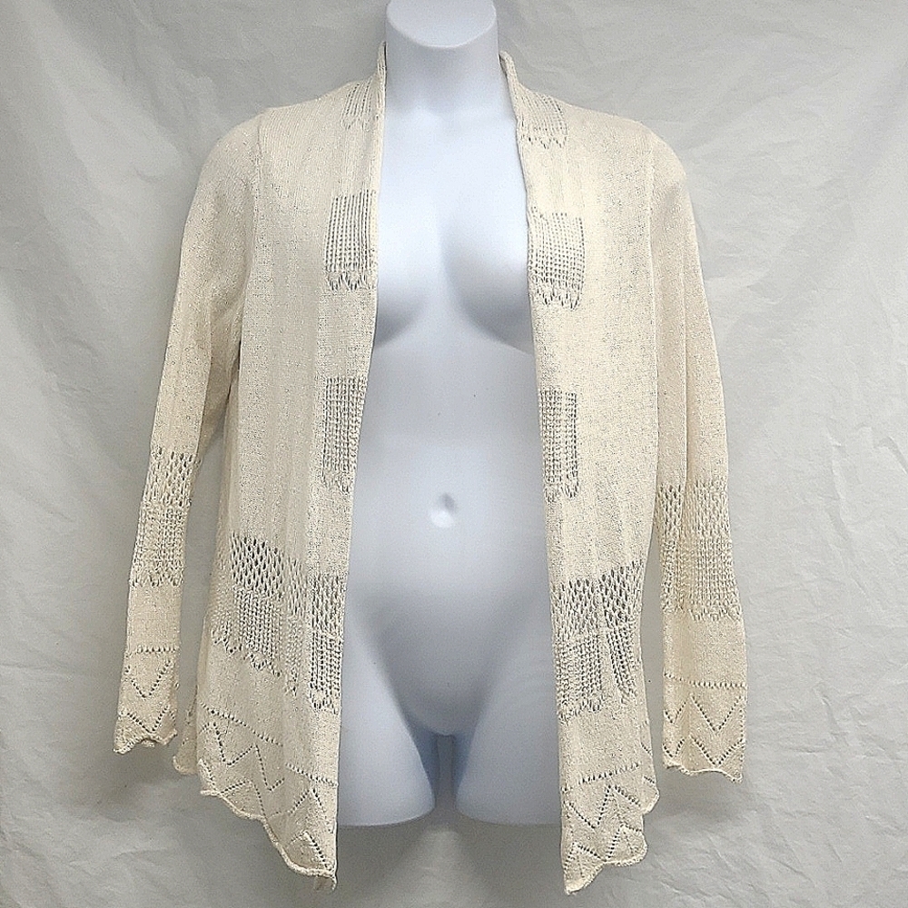 Lightweight Crochet Cardigan sweater ivory Cream Gold white cream cotton blend